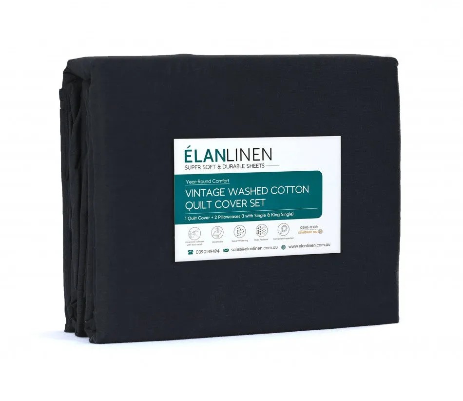 100% Egyptian Cotton Vintage Washed Quilt Cover Set I Single I Charcoal