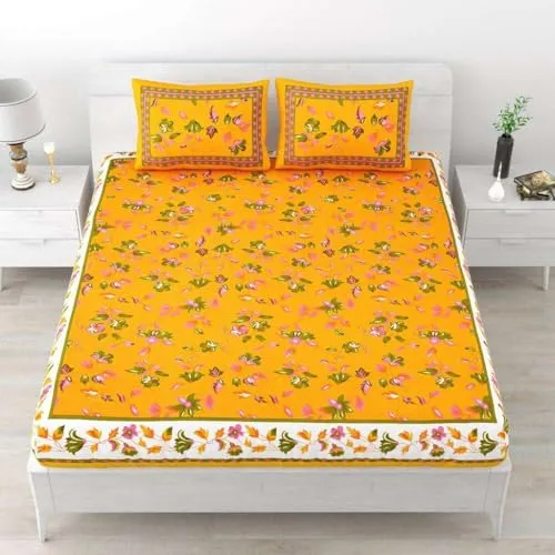 140Tc Pure Cotton Double BedSheet with Two Pillow Covers | 90 X 100 Inches |EXL-325|(Yellow)