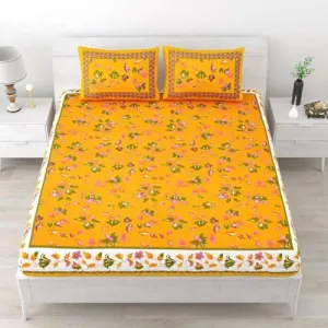 140Tc Pure Cotton Double BedSheet with Two Pillow Covers | 90 X 100 Inches |EXL-325|(Yellow)