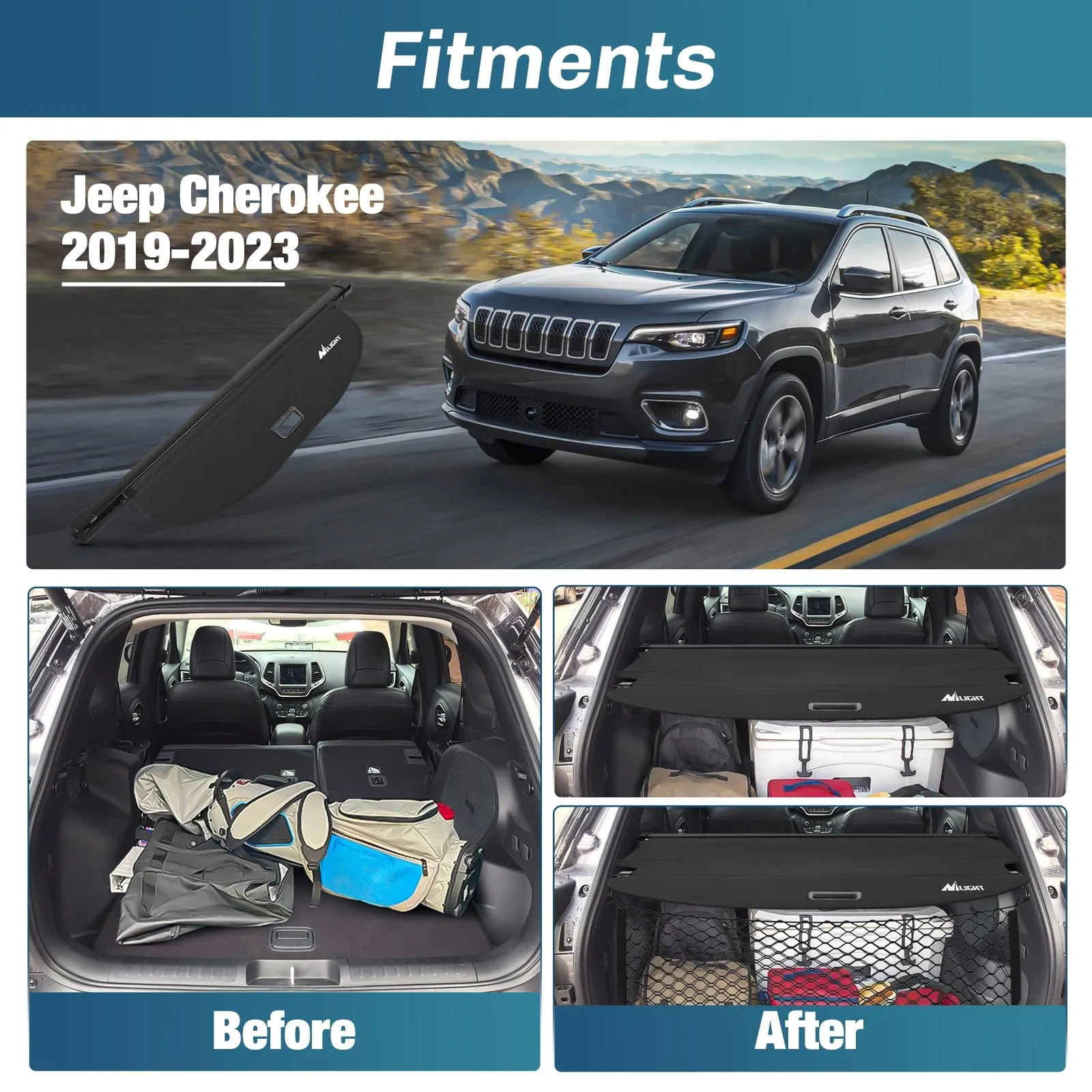 2019-2023 Jeep Cherokee Accessories Retractable Trunk Cargo Cover With Trunk Storage Net