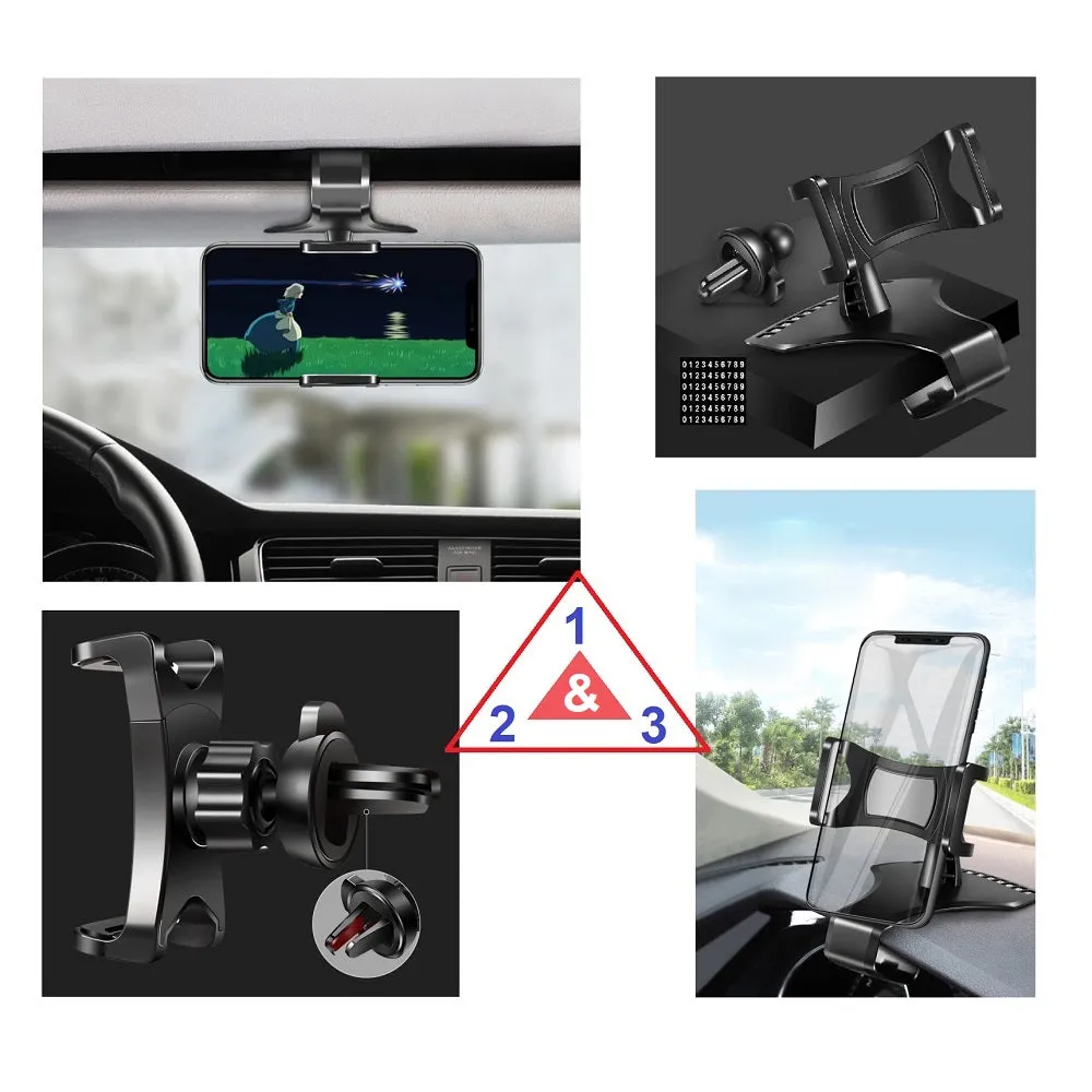 3 in 1 Car GPS Smartphone Holder: Dashboard / Visor Clamp   AC Grid Clip for Allview C4 You - Black