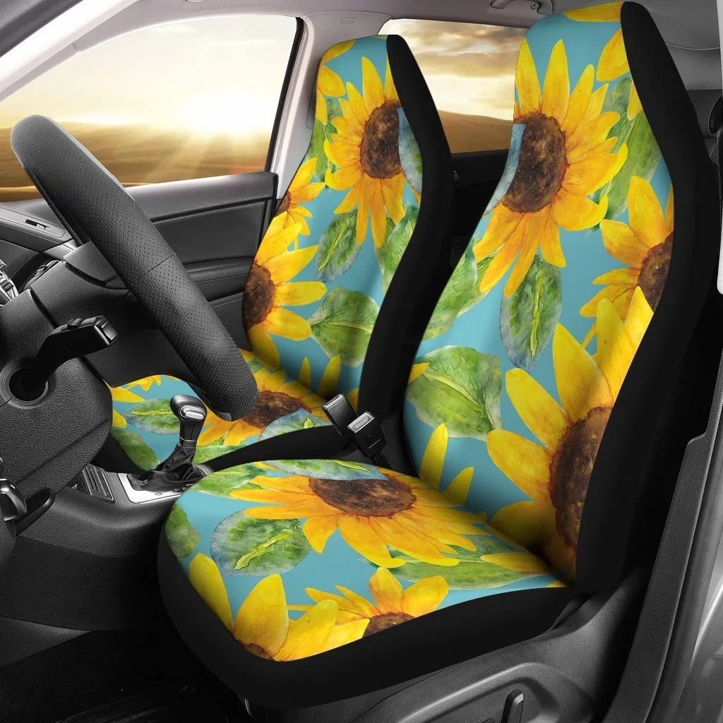 Blue Watercolor Sunflower Pattern Print Universal Fit Car Seat Covers