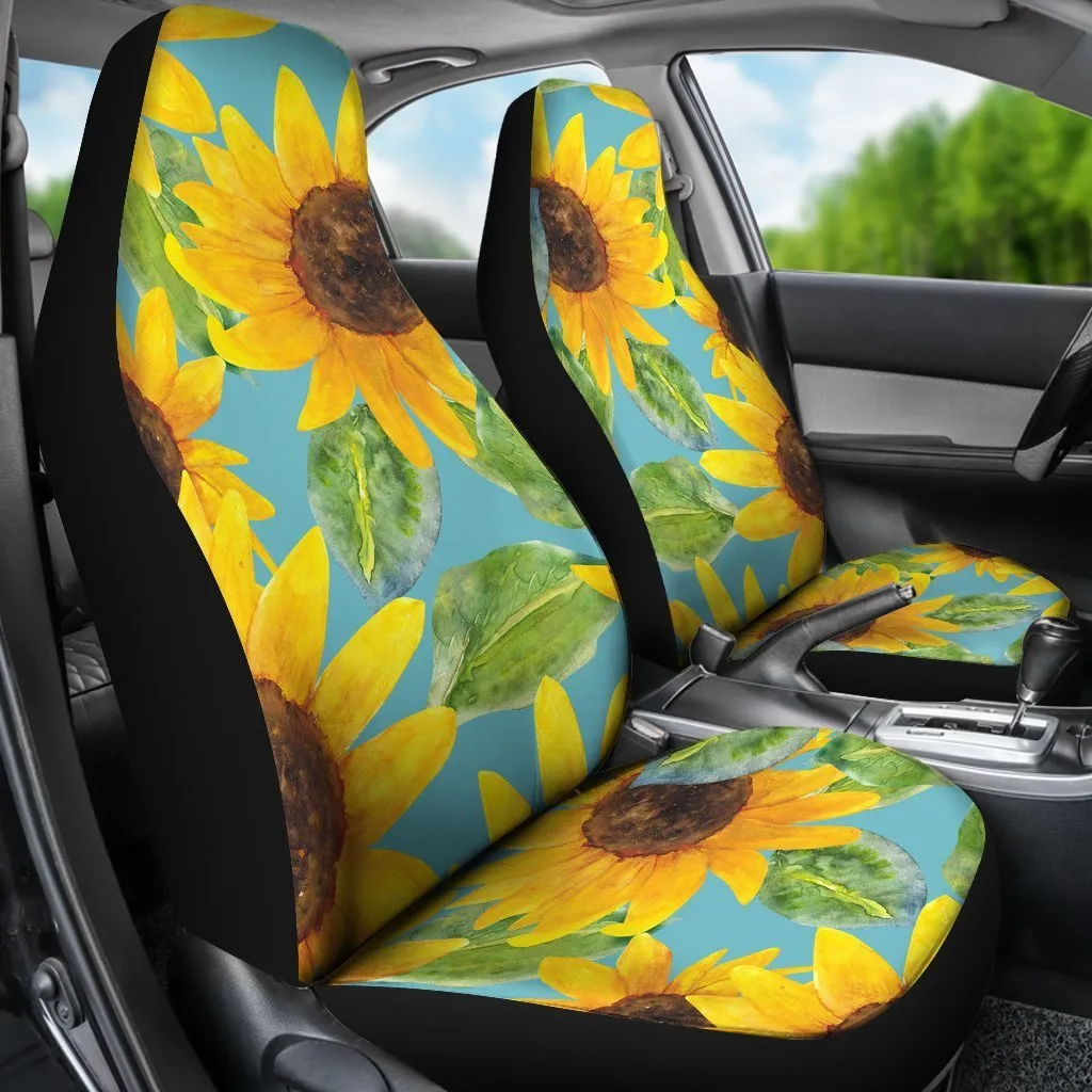 Blue Watercolor Sunflower Pattern Print Universal Fit Car Seat Covers
