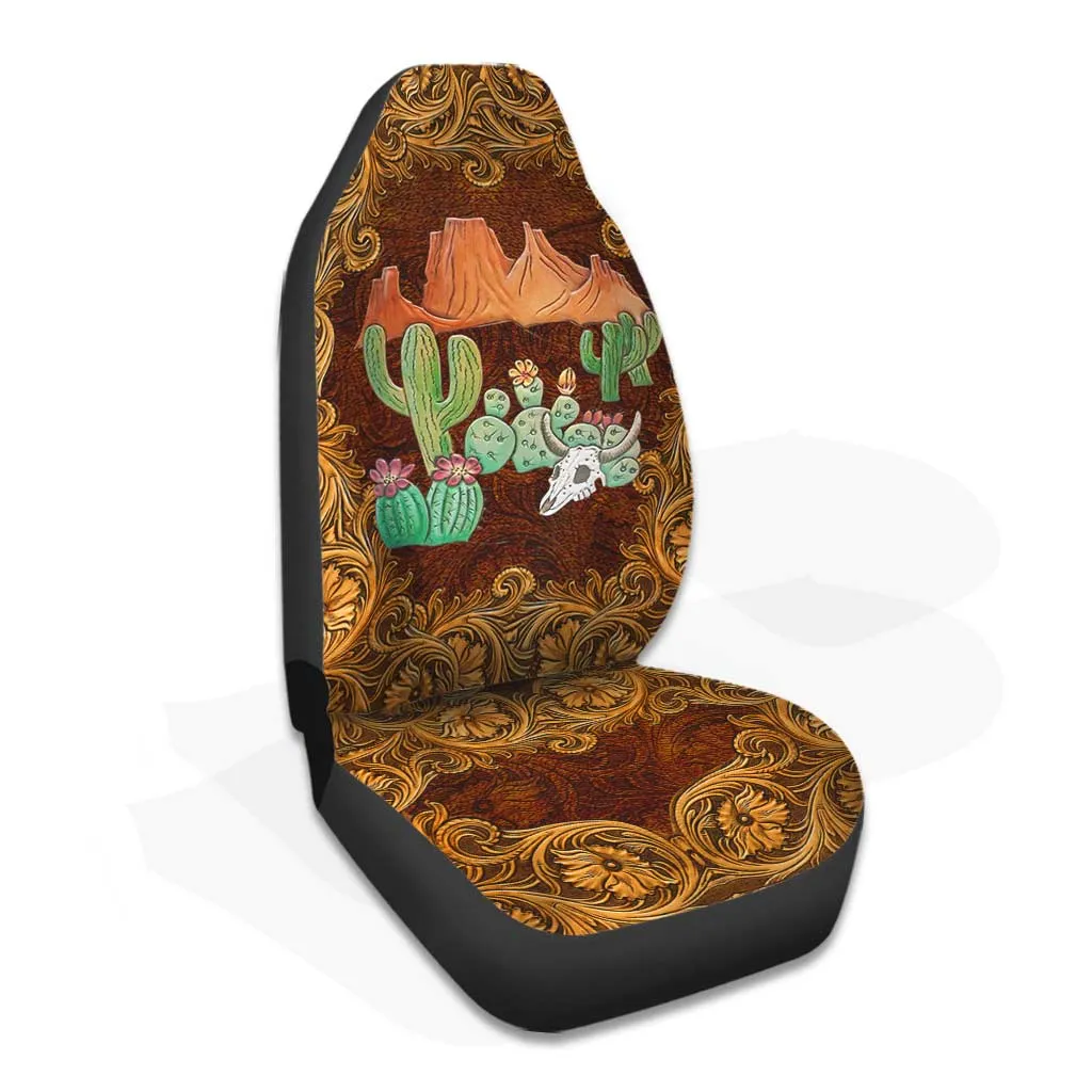 Country Girl Seat Covers For Car With Leather Pattern Print, Cuctus Front Car Seat Cover