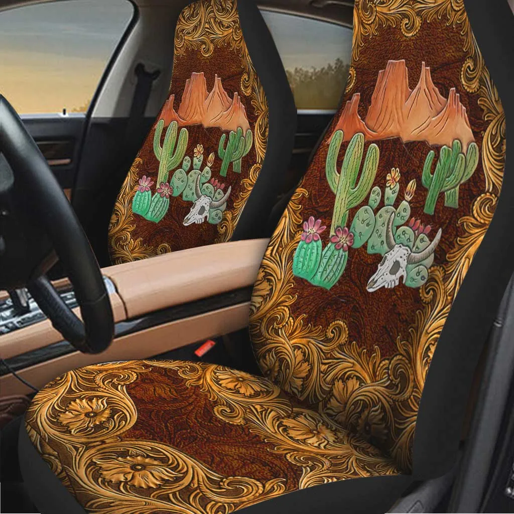 Country Girl Seat Covers For Car With Leather Pattern Print, Cuctus Front Car Seat Cover