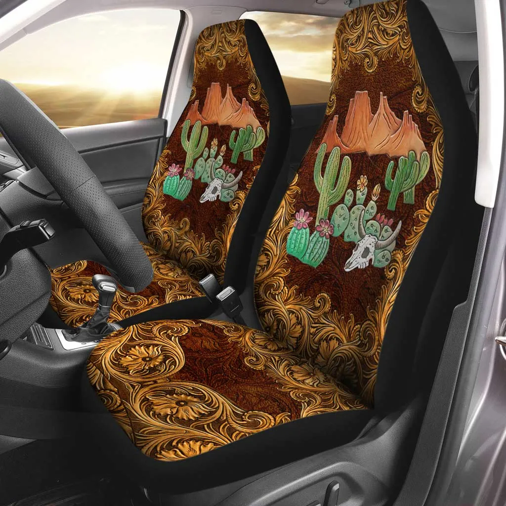 Country Girl Seat Covers For Car With Leather Pattern Print, Cuctus Front Car Seat Cover
