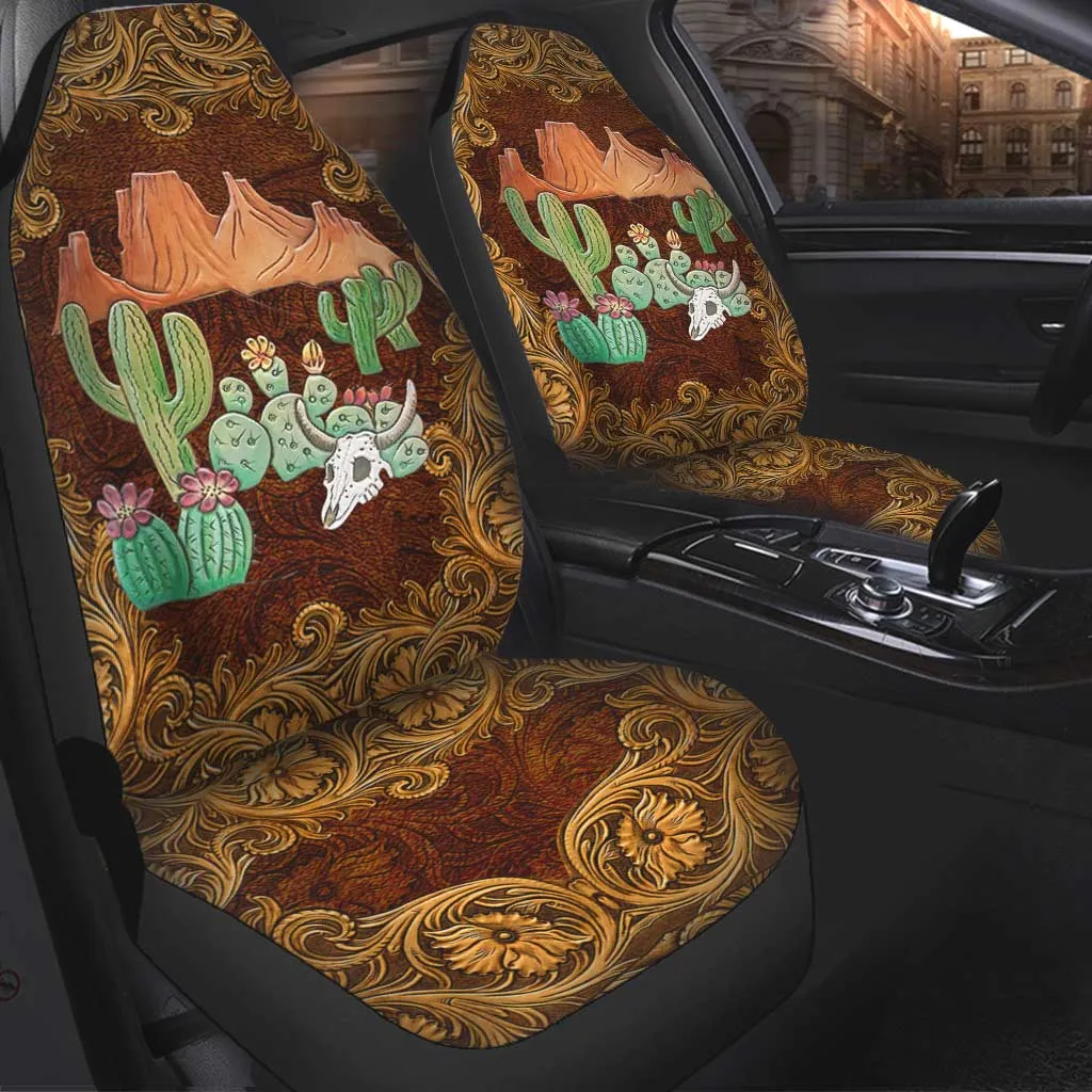 Country Girl Seat Covers For Car With Leather Pattern Print, Cuctus Front Car Seat Cover