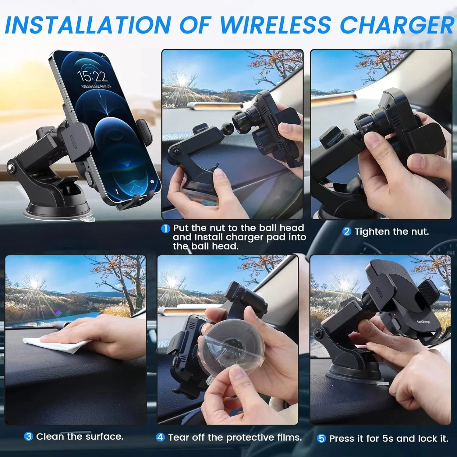 DIGITNOW 15W Wireless Car Charger Phone Mount Fast Charging Auto Clamping Phone Holder for Iphone 15 14Pro Max, Samsung Galaxy S23 Ultra S22 S21 Note 9-Black