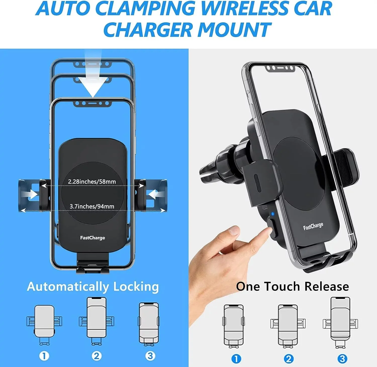 DIGITNOW 15W Wireless Car Charger Phone Mount Fast Charging Auto Clamping Phone Holder for Iphone 15 14Pro Max, Samsung Galaxy S23 Ultra S22 S21 Note 9-Black