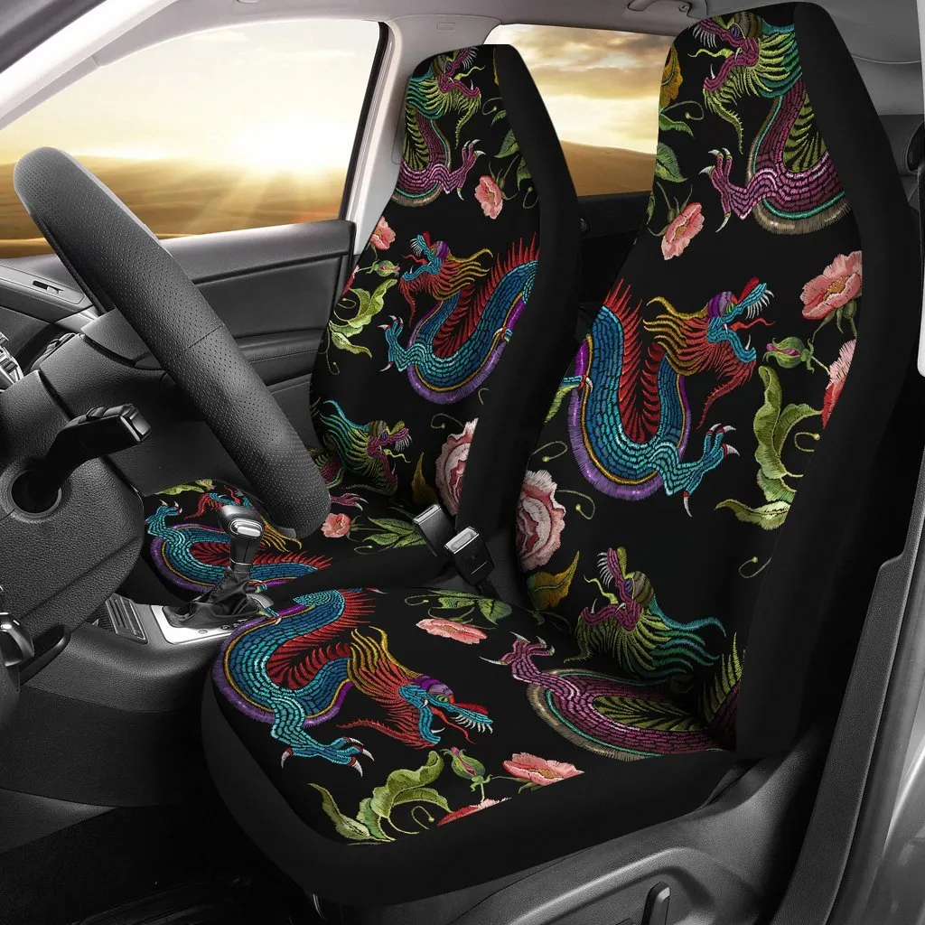 Dragon Flower Pattern Print Universal Fit Car Seat Covers, Best Carseat Covers With Dragon