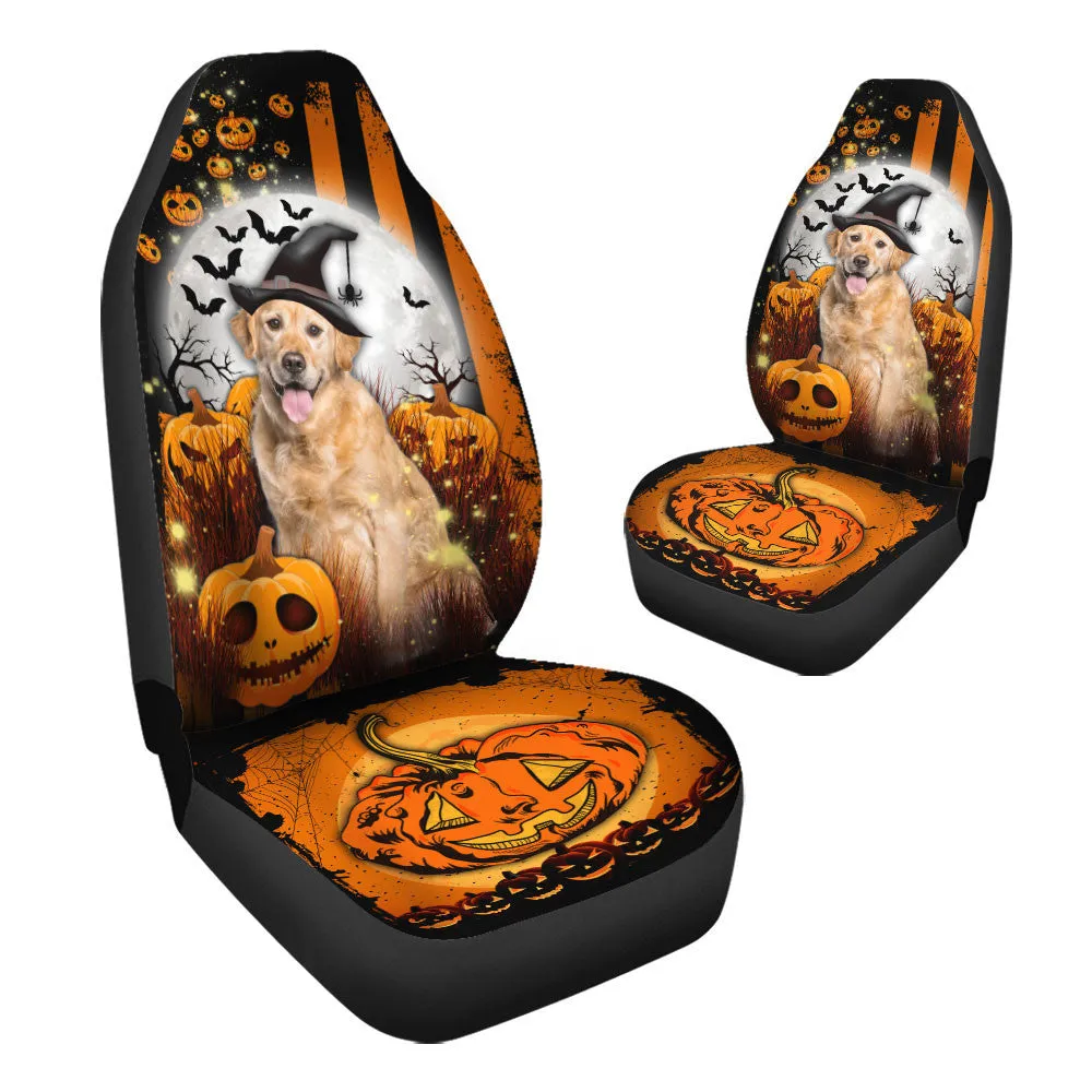 Golden Retriever Halloween Pumpkin Scary Moon Car Seat Covers, Front Car Seat Protectors