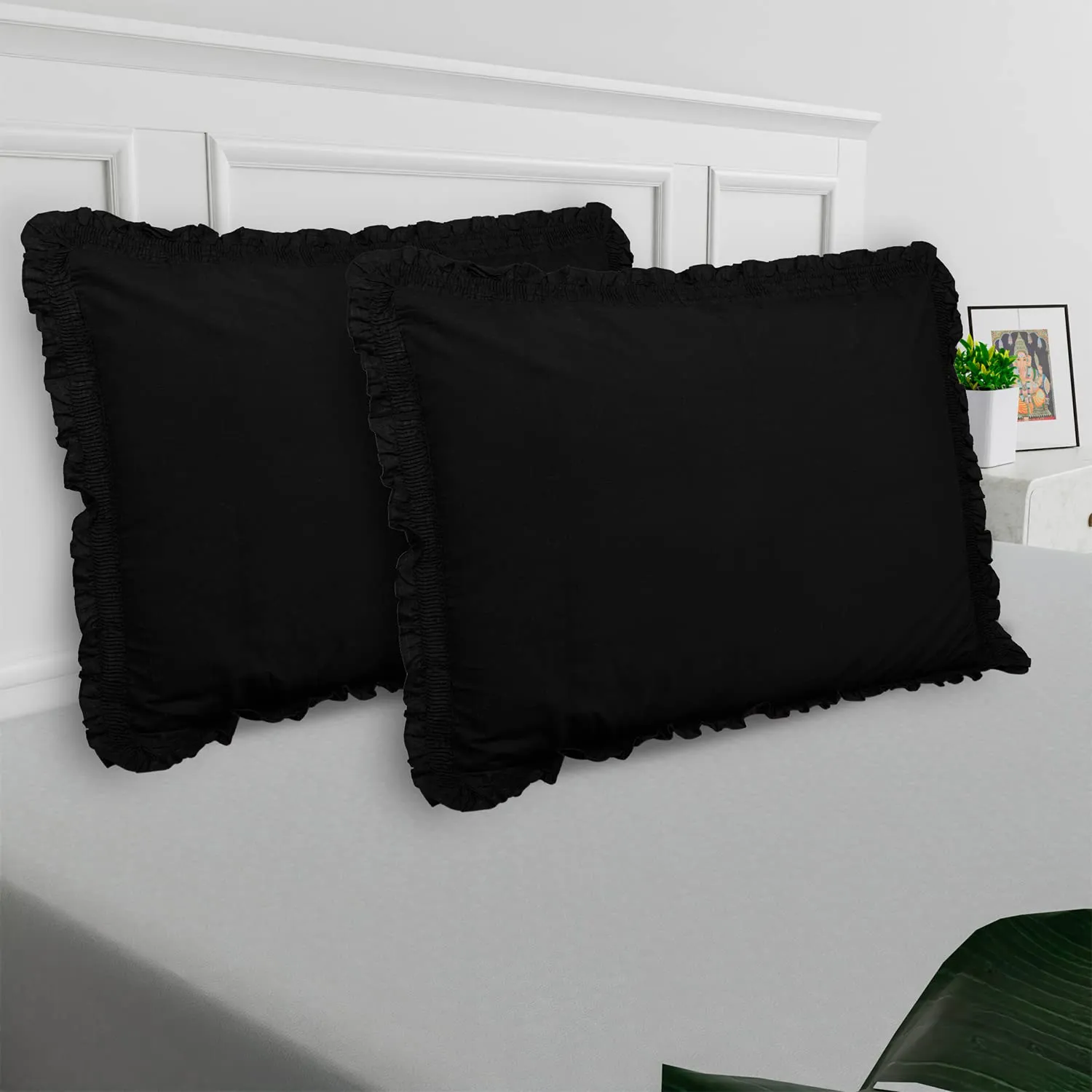 Heart Home Pillow Cover | Cotton Pillow Cover | Pillow Cover For Bedroom | Pleated Frill Border Long Crush Pillow Cover | Set of 4 | 20x30 Inch | Black