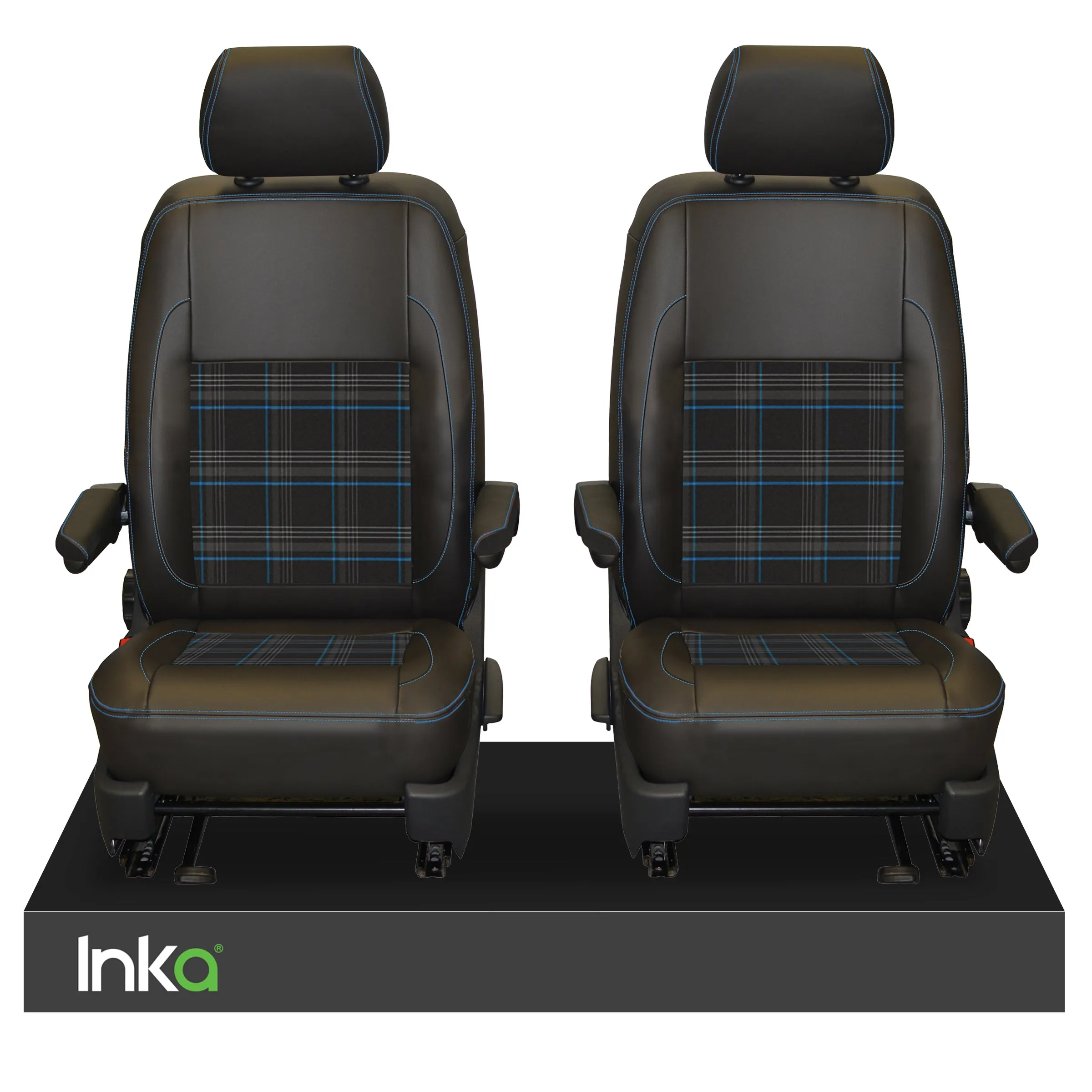 INKA Tailored VW Transporter T6, T6.1 & T5.1 Front Seat Covers Black 1 1 Matt Leatherette with coloured GTi Tartan Centres Fits Panel Van & Kombi