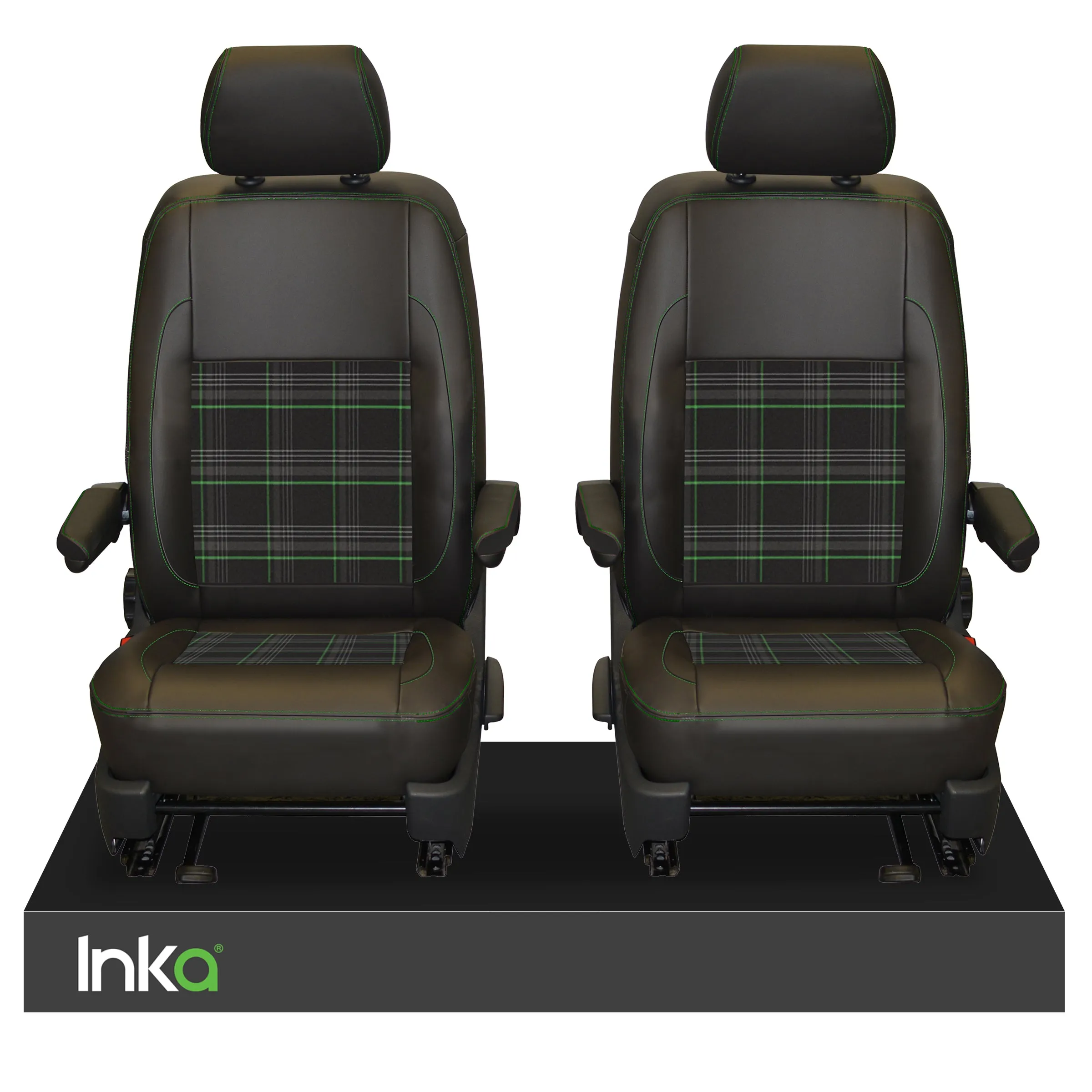 INKA Tailored VW Transporter T6, T6.1 & T5.1 Front Seat Covers Black 1 1 Matt Leatherette with coloured GTi Tartan Centres Fits Panel Van & Kombi