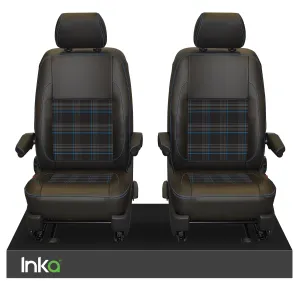 INKA Tailored VW Transporter T6, T6.1 & T5.1 Front Seat Covers Black 1 1 Matt Leatherette with coloured GTi Tartan Centres Fits Panel Van & Kombi