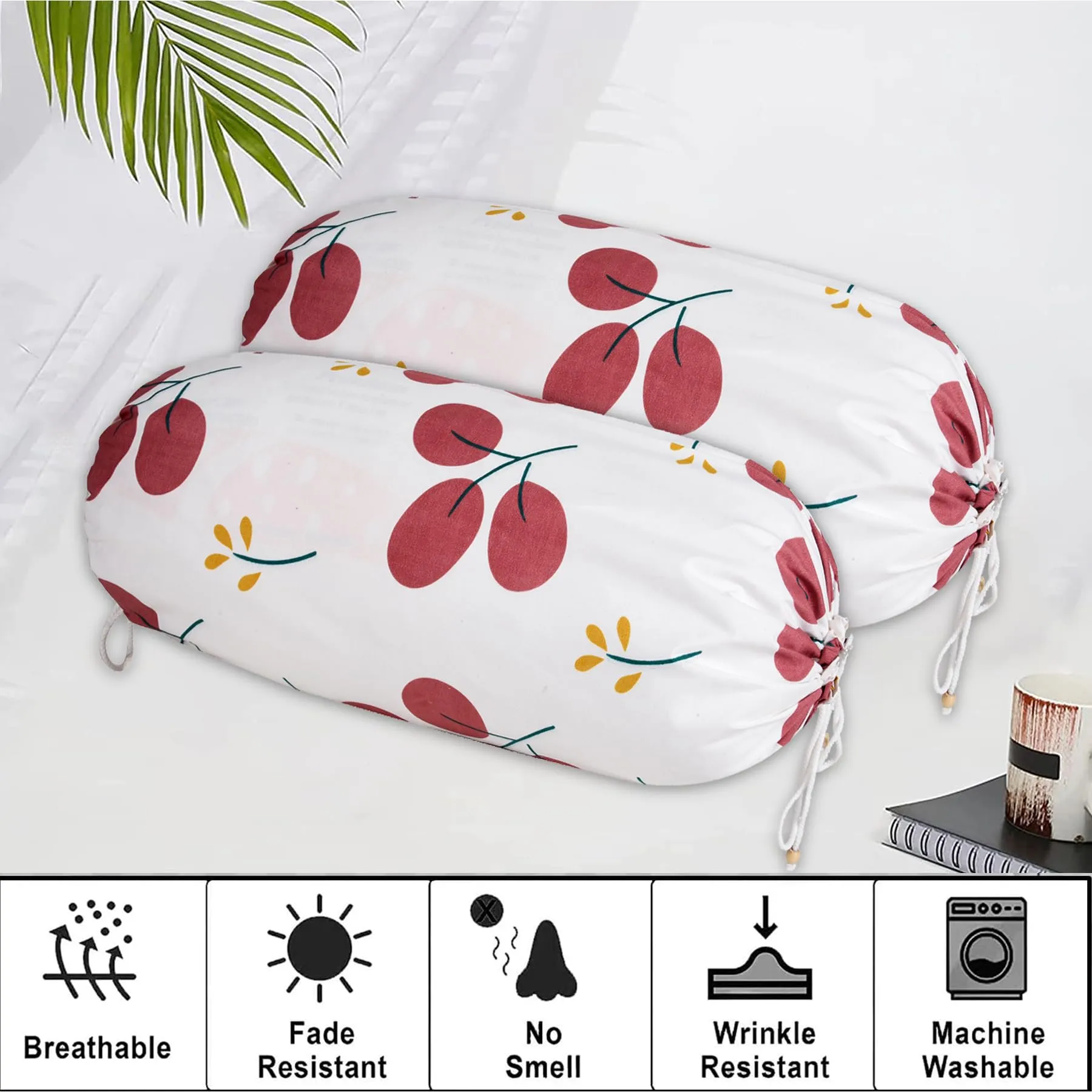 Kuber Industries Bolster Cover | Cotton Masand Pillow Cover | Diwan Round Bolster Pillow Covers | Bolster Cushion Pillow Cover Set | Roll Masand Cover | Red Cherry | Pack of 2 | White
