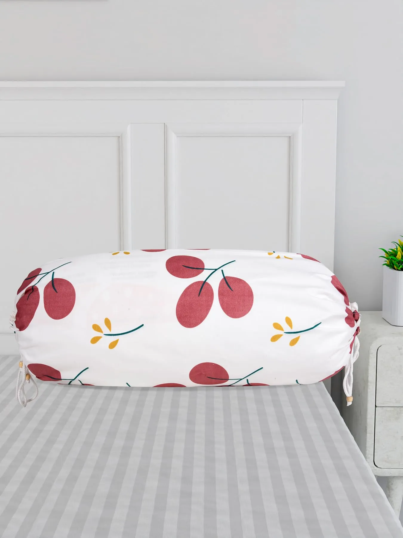 Kuber Industries Bolster Cover | Cotton Masand Pillow Cover | Diwan Round Bolster Pillow Covers | Bolster Cushion Pillow Cover Set | Roll Masand Cover | Red Cherry | Pack of 2 | White