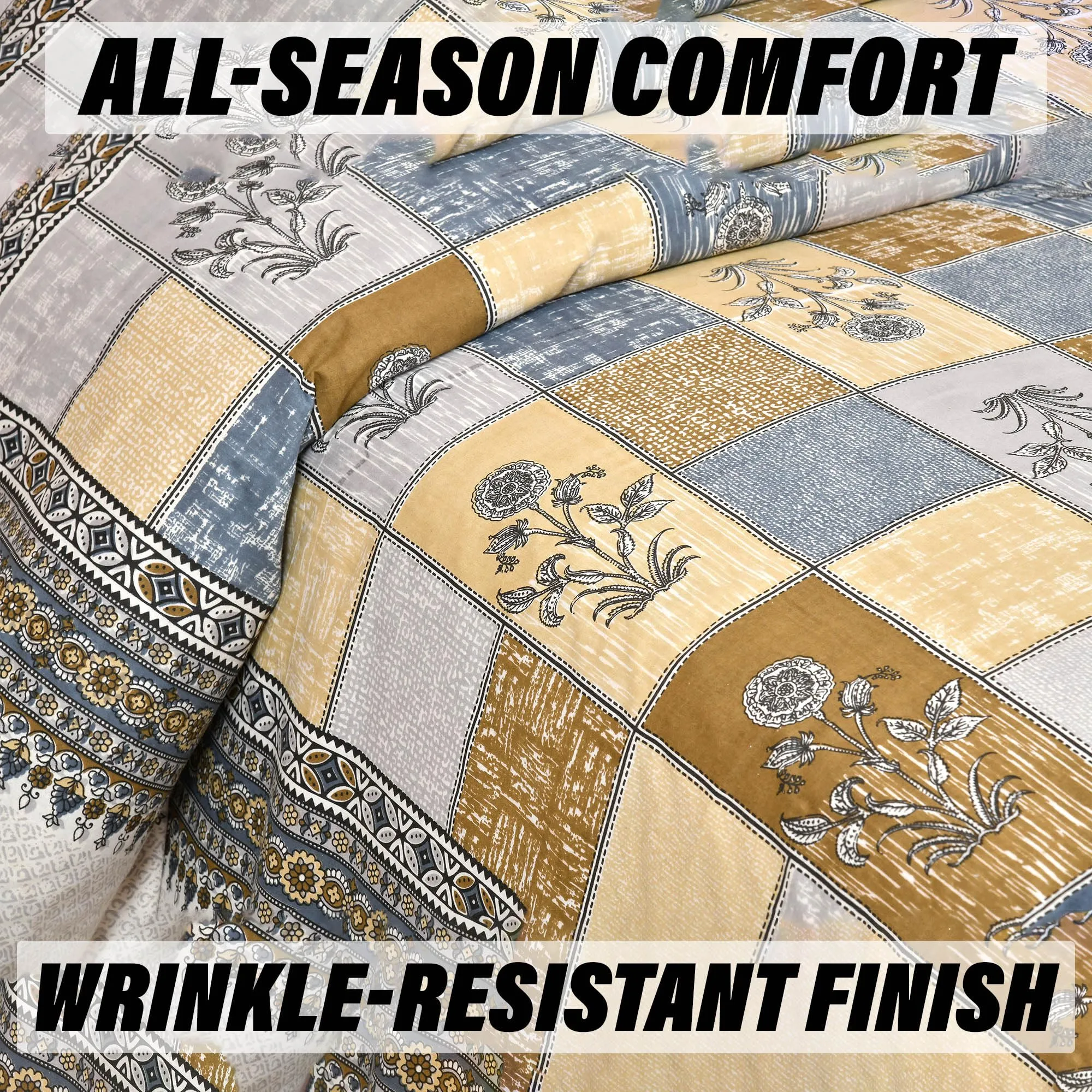 Kuber Industries Double Bedsheet with 2 Pillow Covers | 160 TC Premium Cotton Bedsheet for Double Bed | Bedsheet for Living Room-Home & Hotels | Candy Flower | 100x108 Inch | Gray & Yellow