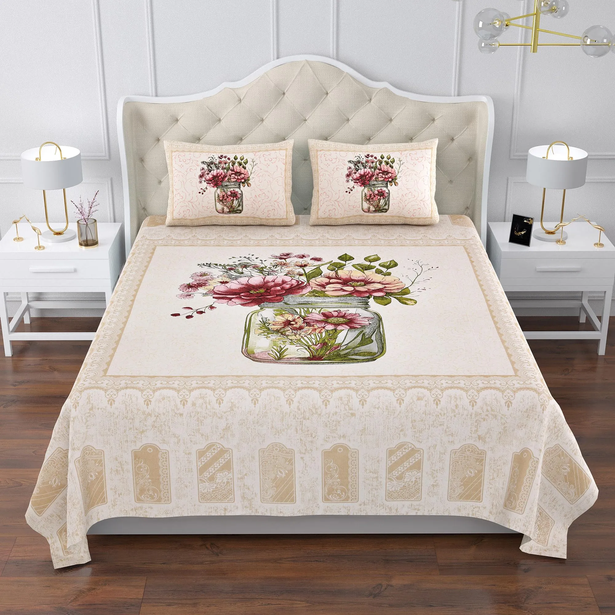 Kuber Industries Double Bedsheet with 2 Pillow Covers | 160 TC Premium Cotton Bedsheet for Double Bed | Bedsheet for Living Room-Home & Hotels | Photo Frame Flower Pot | 100x108 Inch | Cream