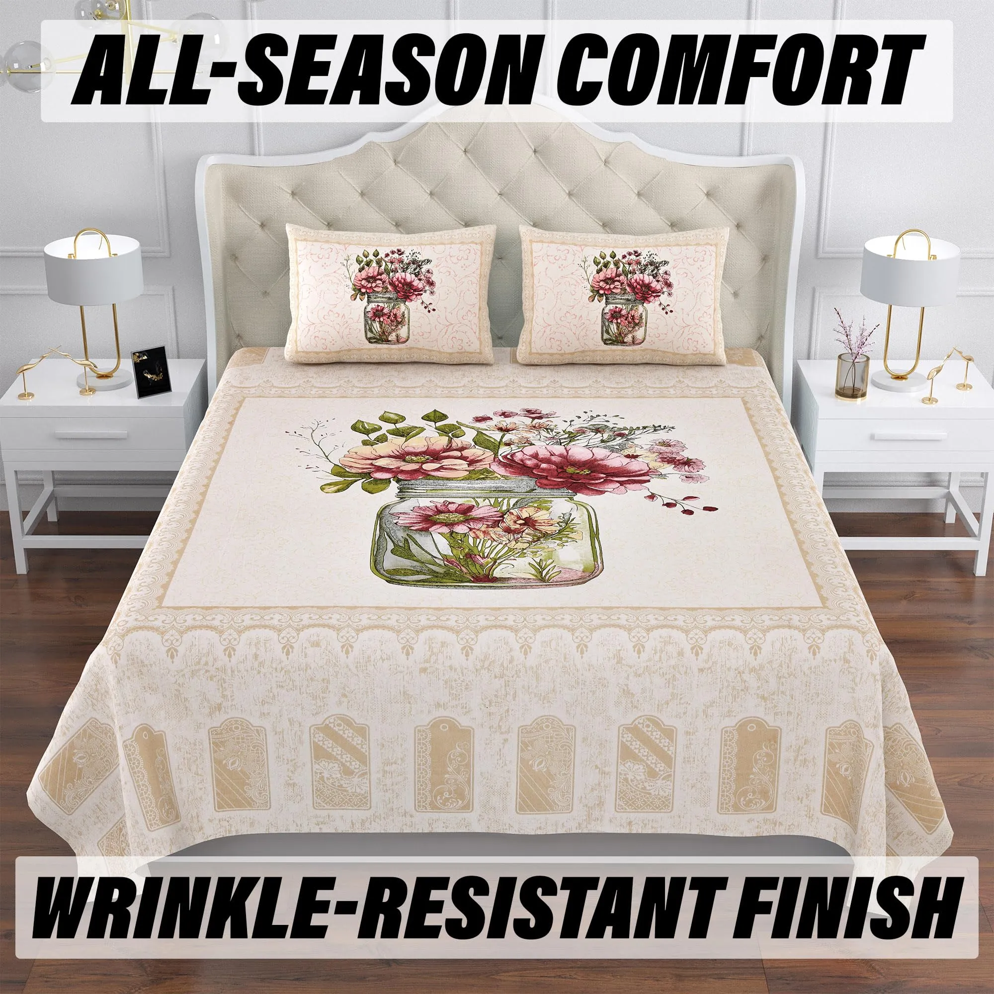 Kuber Industries Double Bedsheet with 2 Pillow Covers | 160 TC Premium Cotton Bedsheet for Double Bed | Bedsheet for Living Room-Home & Hotels | Photo Frame Flower Pot | 100x108 Inch | Cream