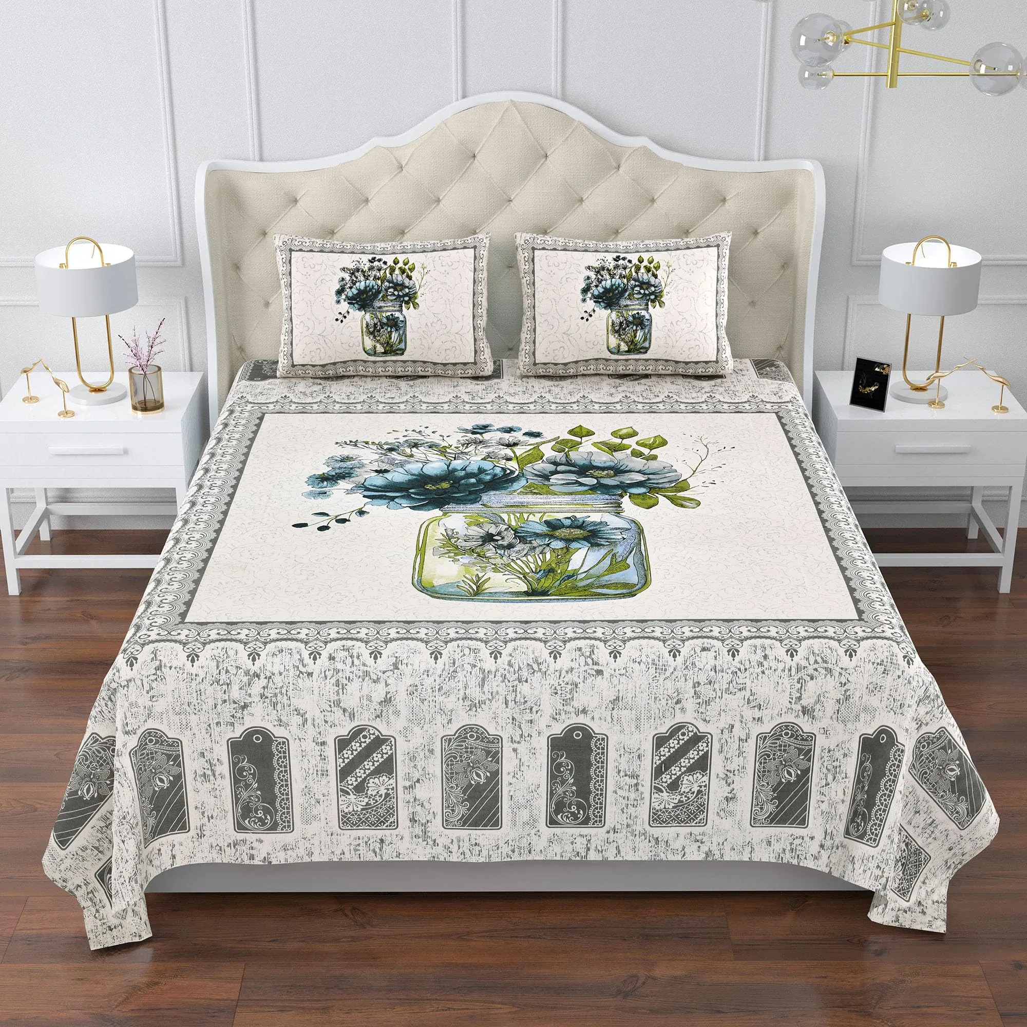 Kuber Industries Double Bedsheet with 2 Pillow Covers | 160 TC Premium Cotton Bedsheet for Double Bed | Bedsheet for Living Room-Home & Hotels | Photo Frame Flower Pot | 100x108 Inch | Gray