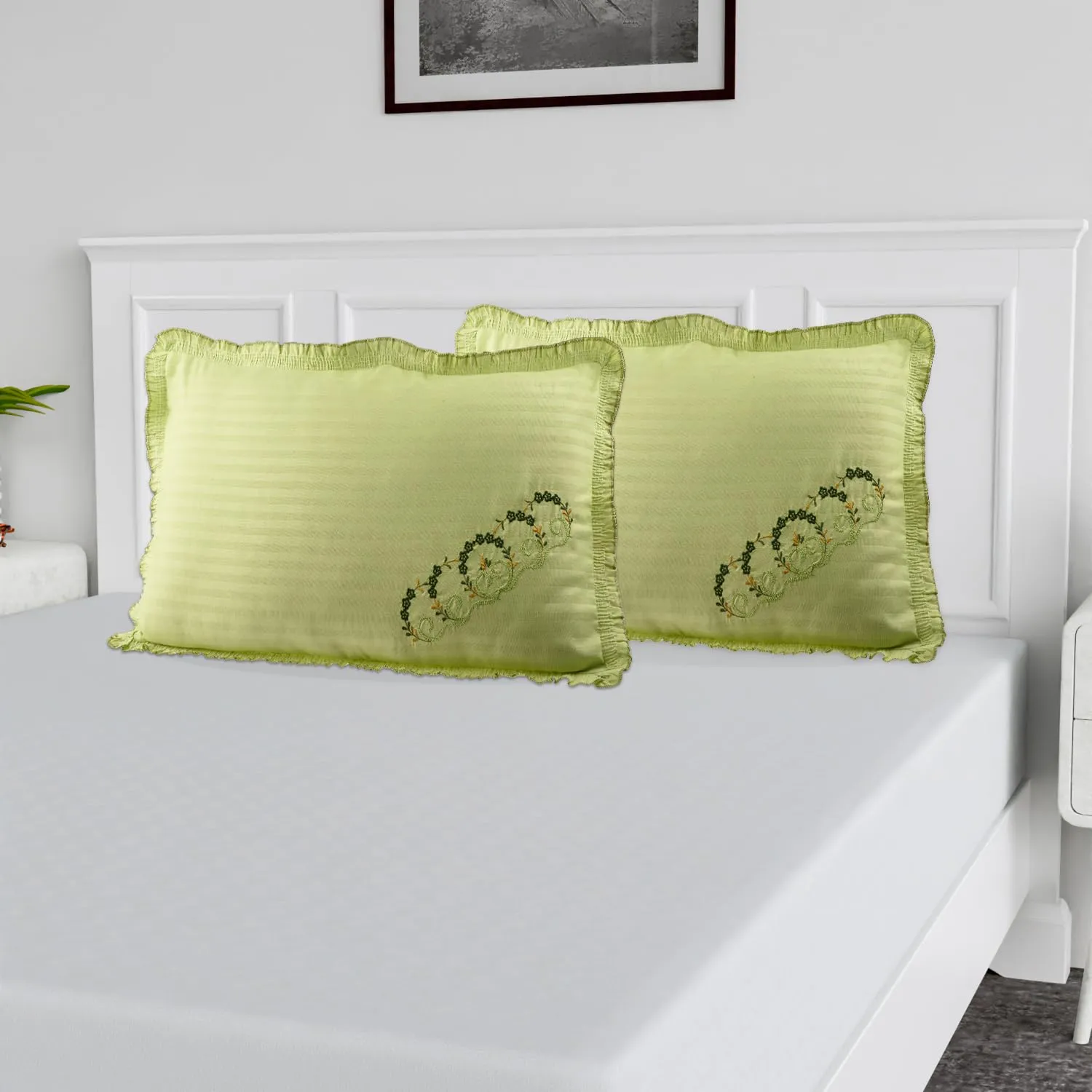 Kuber Industries Pillow Cover | Cotton Pillow Cover Set | Cushion Pillow Cover Set | Pillow Cover Set for Bedroom | Lining Embroidery Pillow Cover Set | 2 Piece Set | Parrot Green