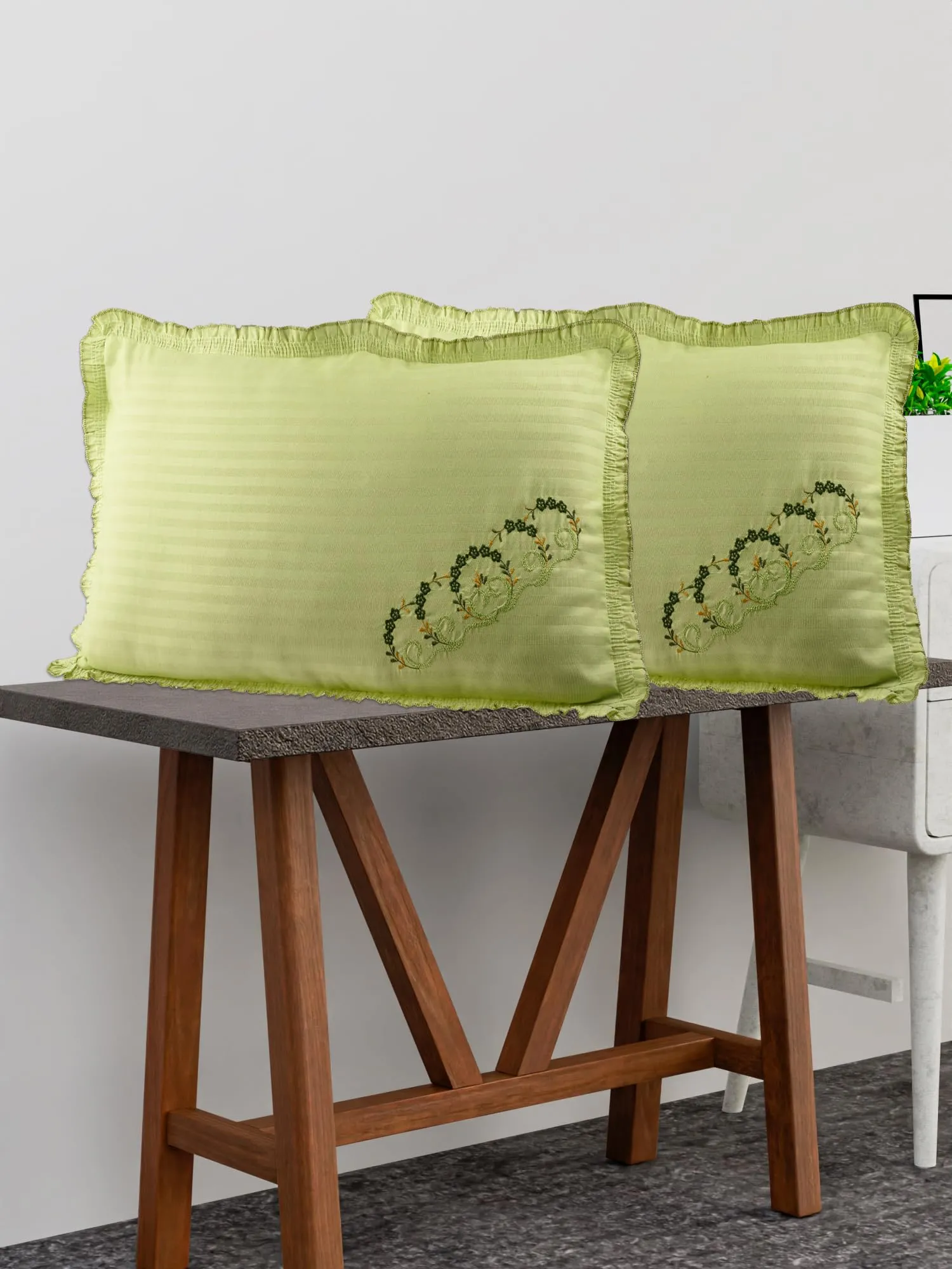 Kuber Industries Pillow Cover | Cotton Pillow Cover Set | Cushion Pillow Cover Set | Pillow Cover Set for Bedroom | Lining Embroidery Pillow Cover Set | 2 Piece Set | Parrot Green