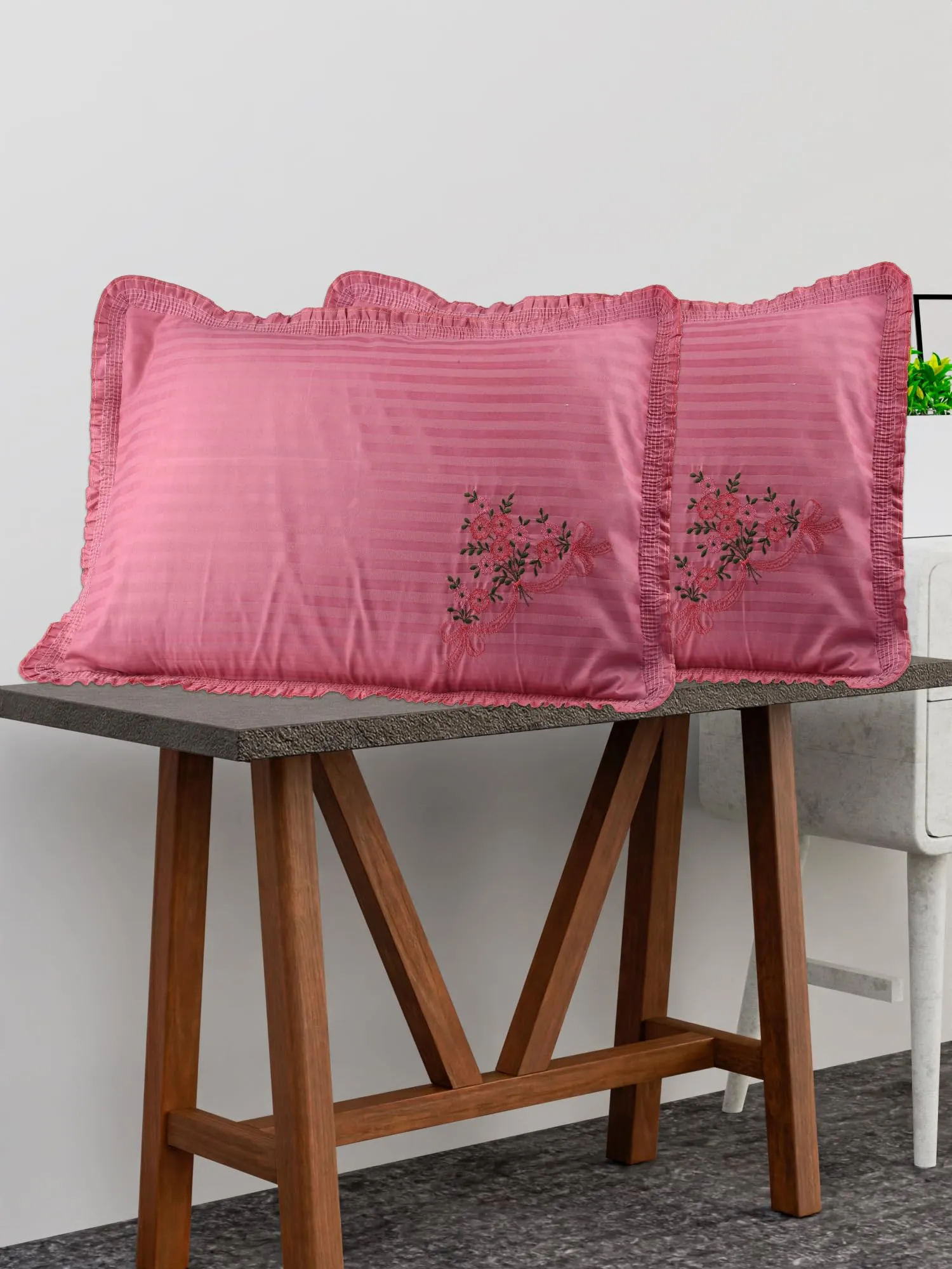 Kuber Industries Pillow Cover | Cotton Pillow Cover Set | Cushion Pillow Cover Set | Pillow Cover Set for Bedroom | Lining Embroidery Pillow Cover Set | 6 Piece Set | Dark Pink