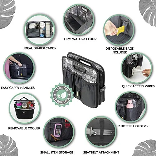 LALUKA Car Trunk Organizer Cooler and Lid - Seat Belt Front and Back | Bottle, Wipes Plastic Bag Pocket |Baby Diaper Caddy Changing Pad Station | SUV Backseat Car Kids Babies Storage Basket