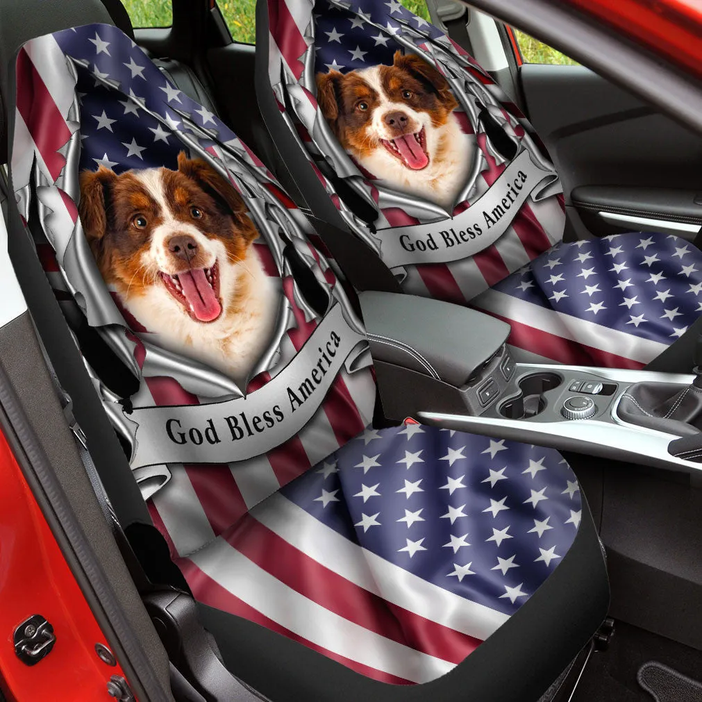 Miniature American Shepherd Dog Inside Flag Gob Bless America  Car Seat Covers