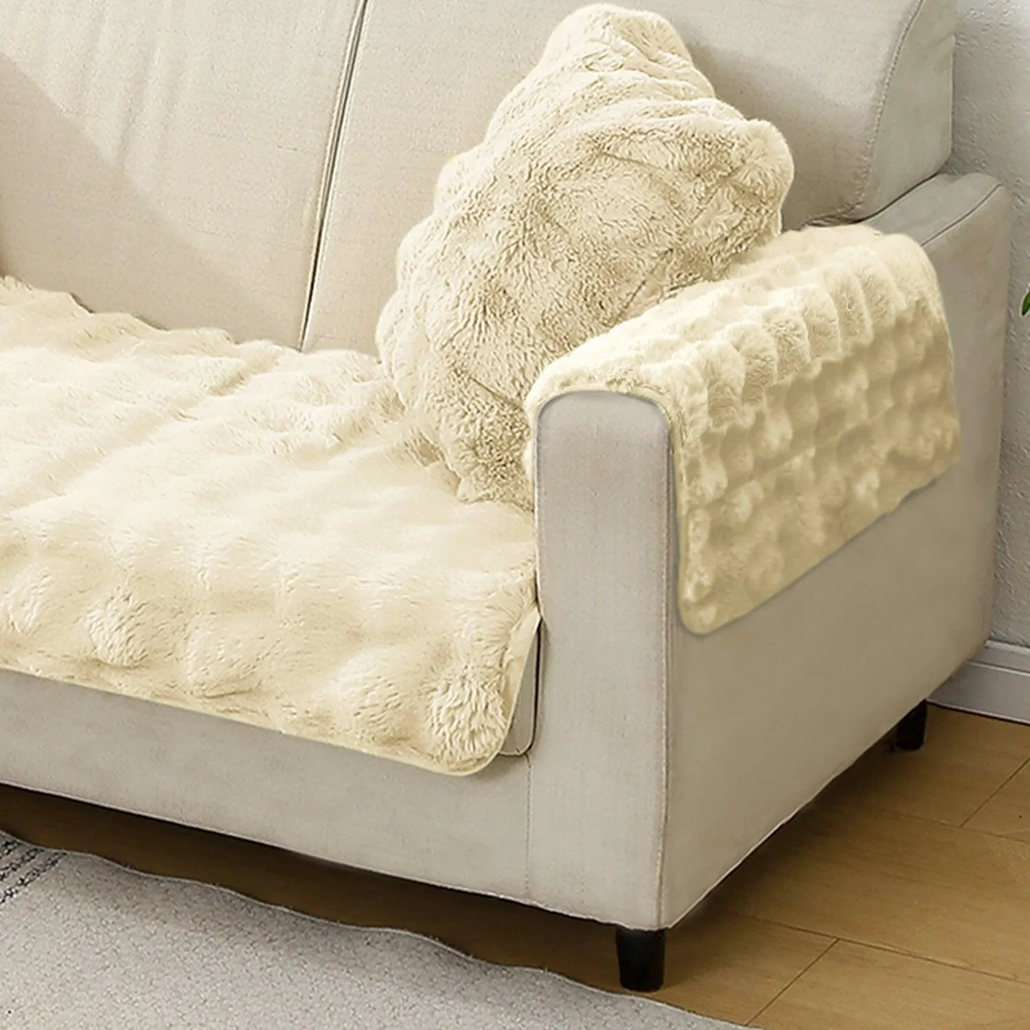 Premium Faux Rabbit Fur Anti Slip Sofa Cover Mat with 2 Armrest Cover, Beige