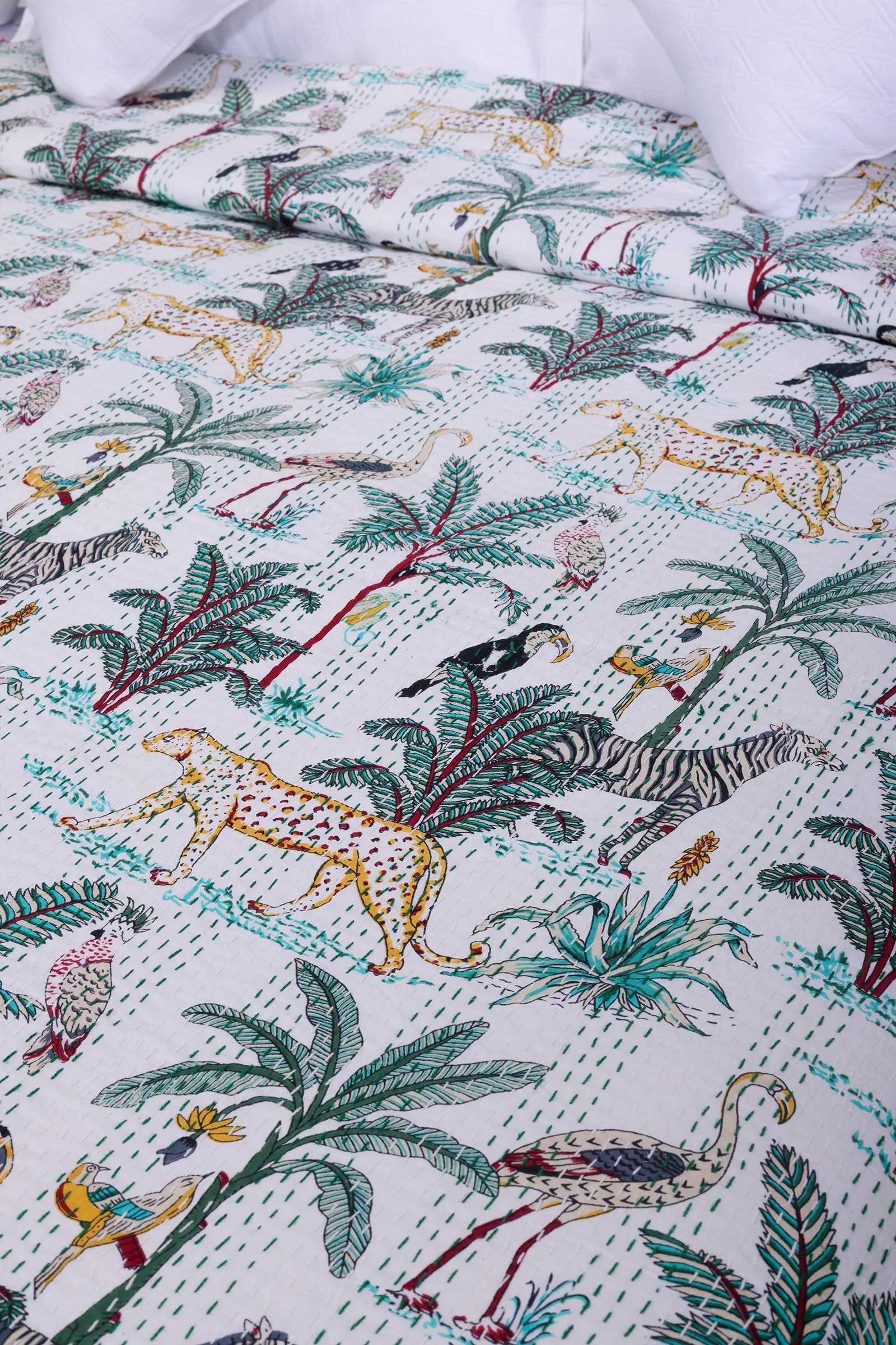 Savannah Kantha Work White Bedcover