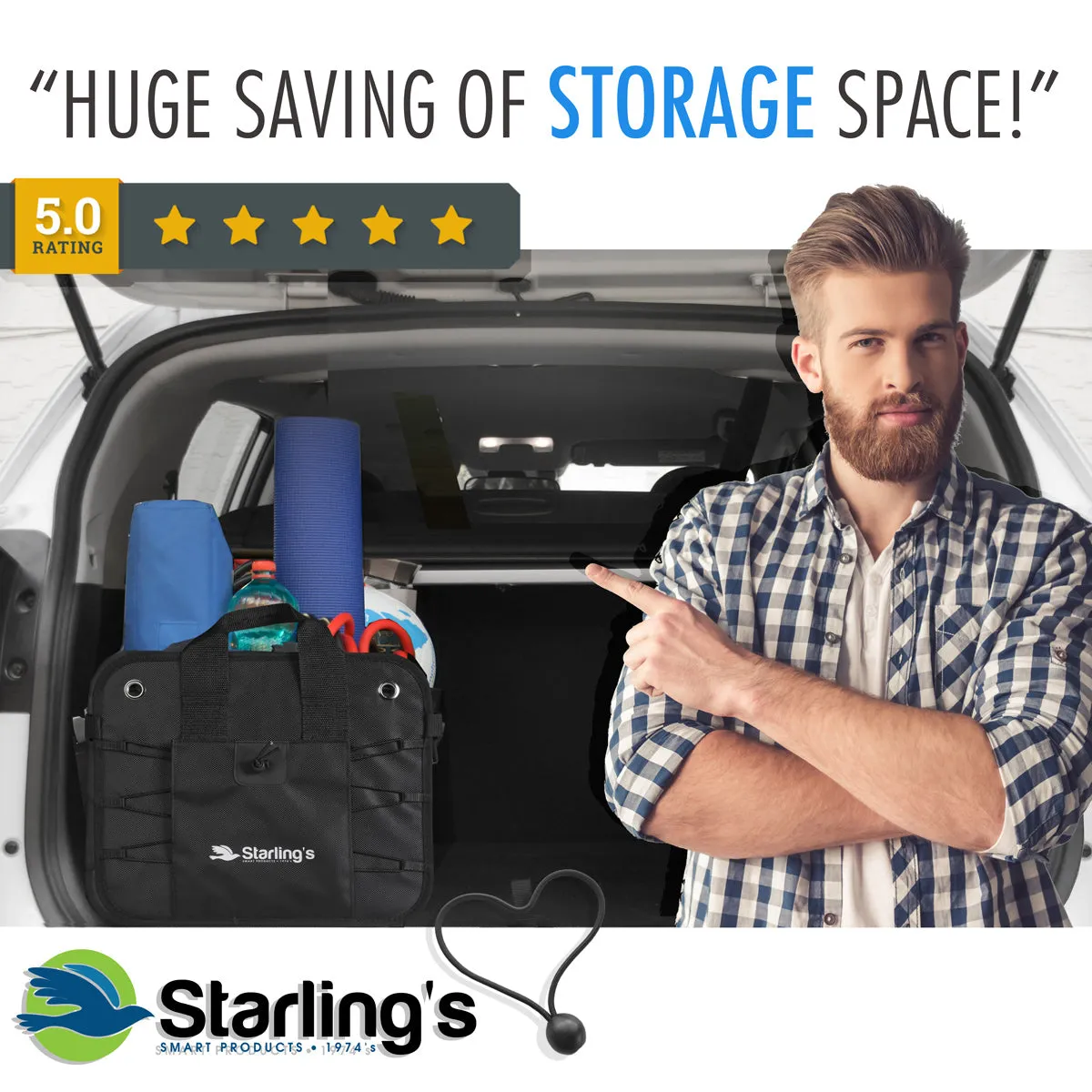 Starling's Car Trunk Organizer - Durable Storage SUV - Adjustable, Black 2 Compartments