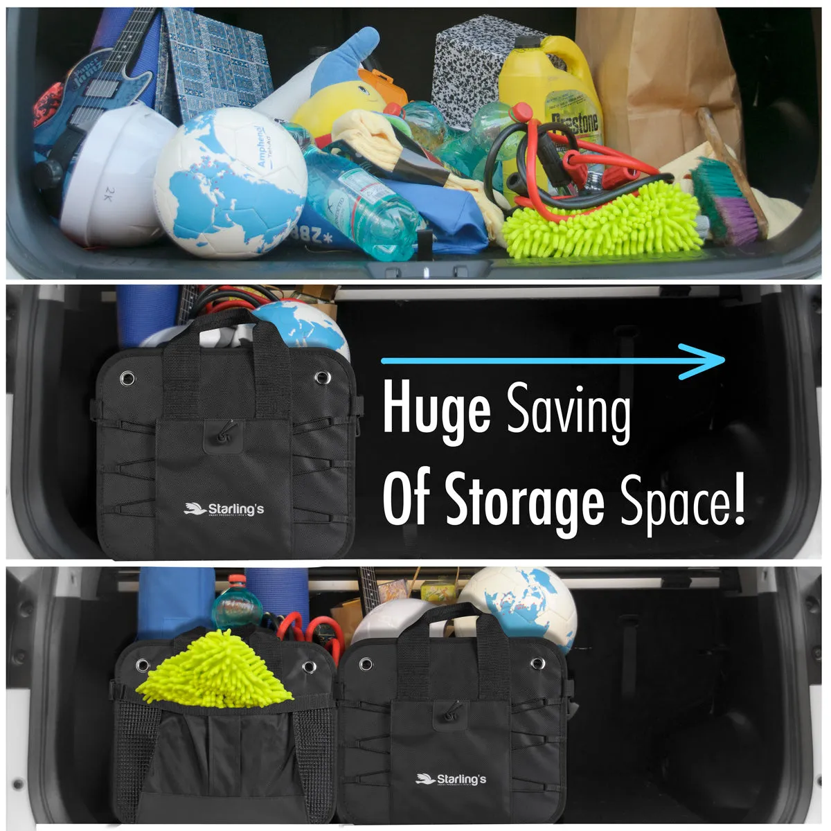 Starling's Car Trunk Organizer - Durable Storage SUV - Adjustable, Black 2 Compartments