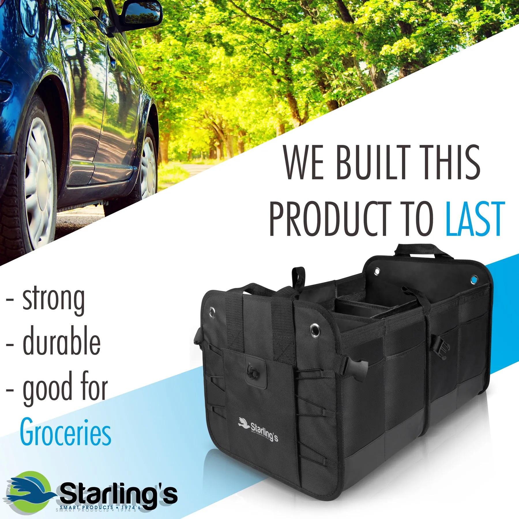 Starling's Car Trunk Organizer - Durable Storage SUV - Adjustable, Black 2 Compartments