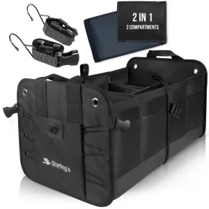 Starling's Car Trunk Organizer - Durable Storage SUV - Adjustable, Black 2 Compartments
