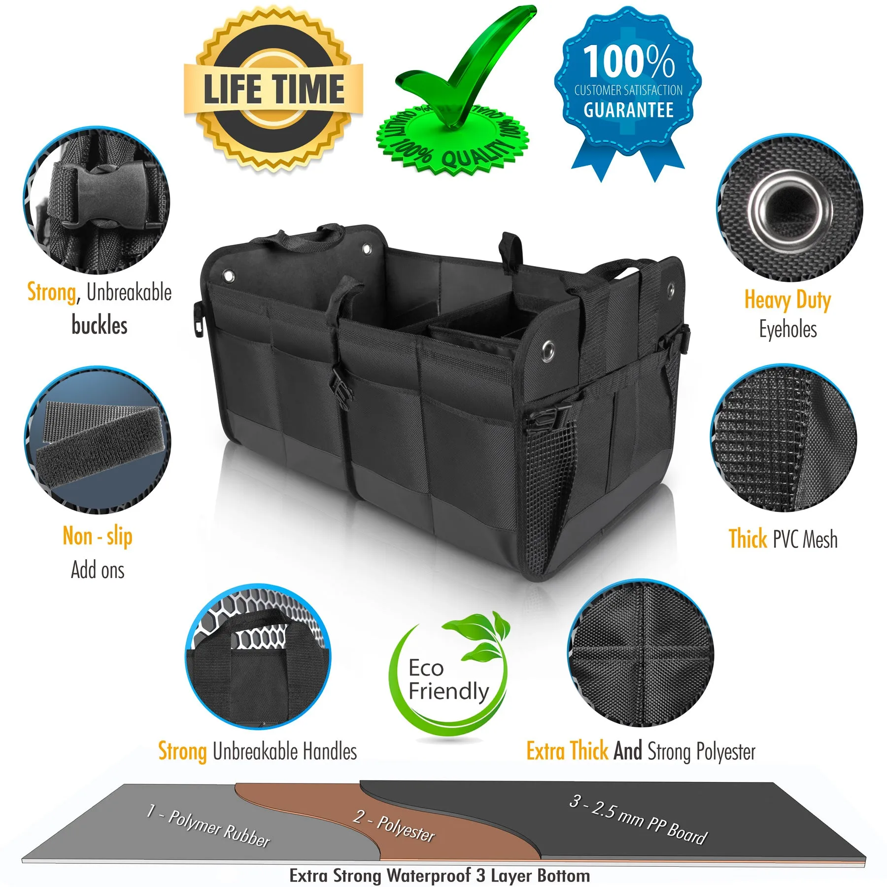 Starling's Car Trunk Organizer - Durable Storage SUV - Adjustable, Black 2 Compartments