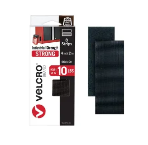 VELCRO Heavy Duty Fasteners | 4x2 Inch Strips with Adhesive 8 Sets | Holds 10 lbs | Black Industrial Strength Stick On Tape