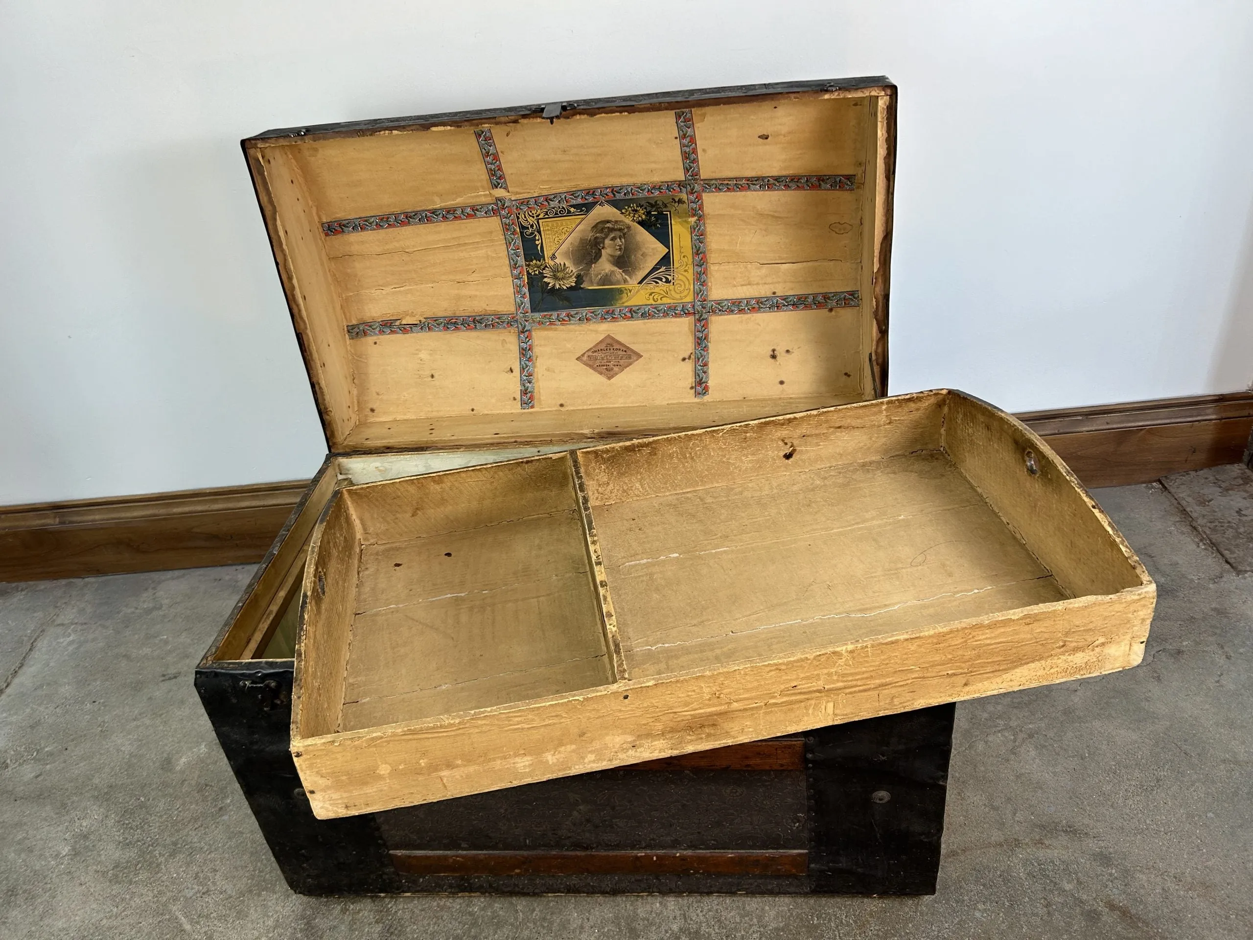 Vintage Trunk Chest, Wood, Metal, Arched Top with Carrier