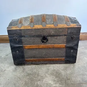 Vintage Trunk Chest, Wood, Metal, Arched Top with Carrier
